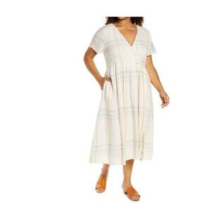 WOMEN'S CLARA PLAID LINEN BLEND MIDI DRESS IN MULTI STRIPE EMBROIDERY XS